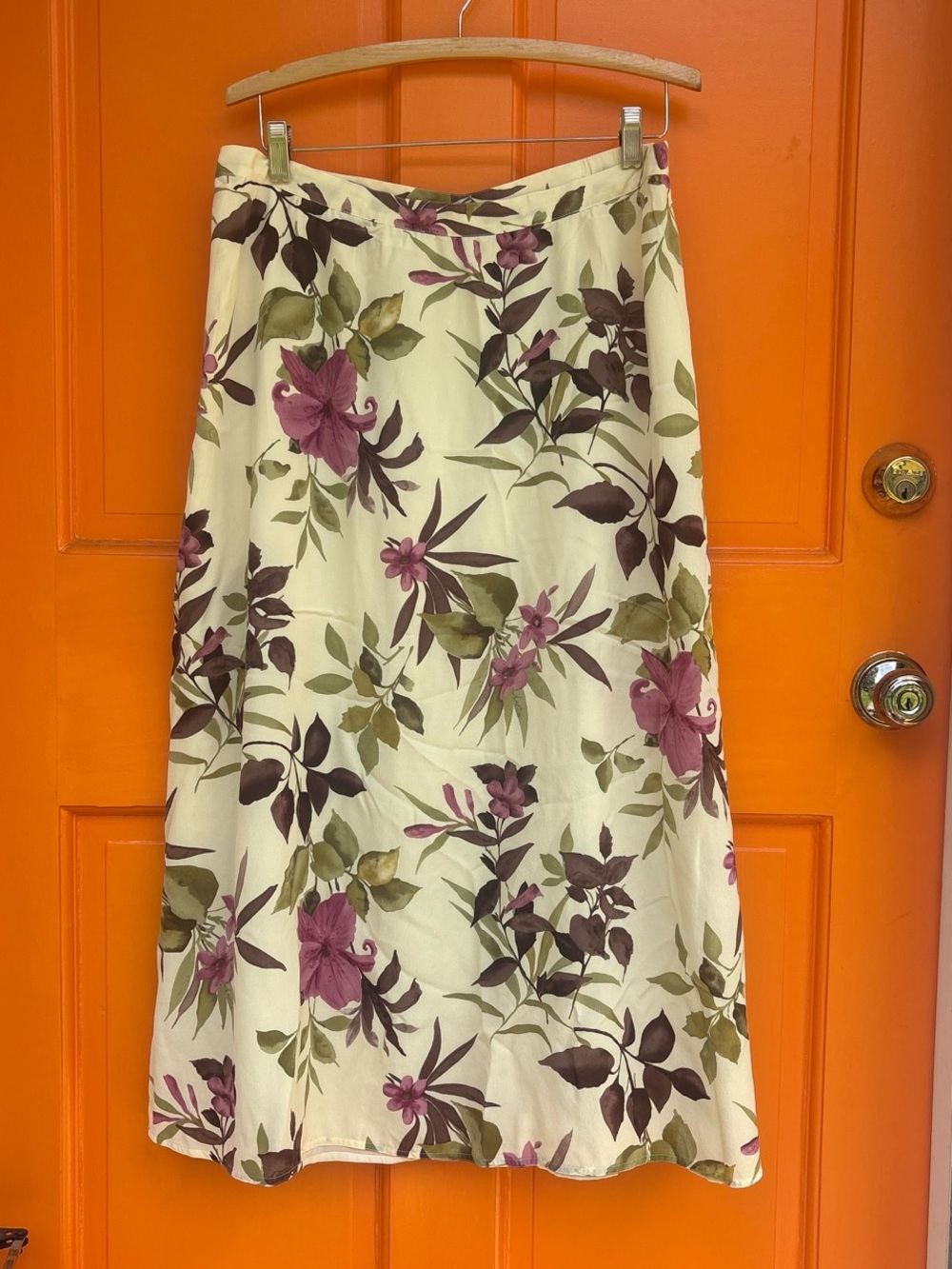 Floral Cream silk Midi Skirt with Purple and Olive Print